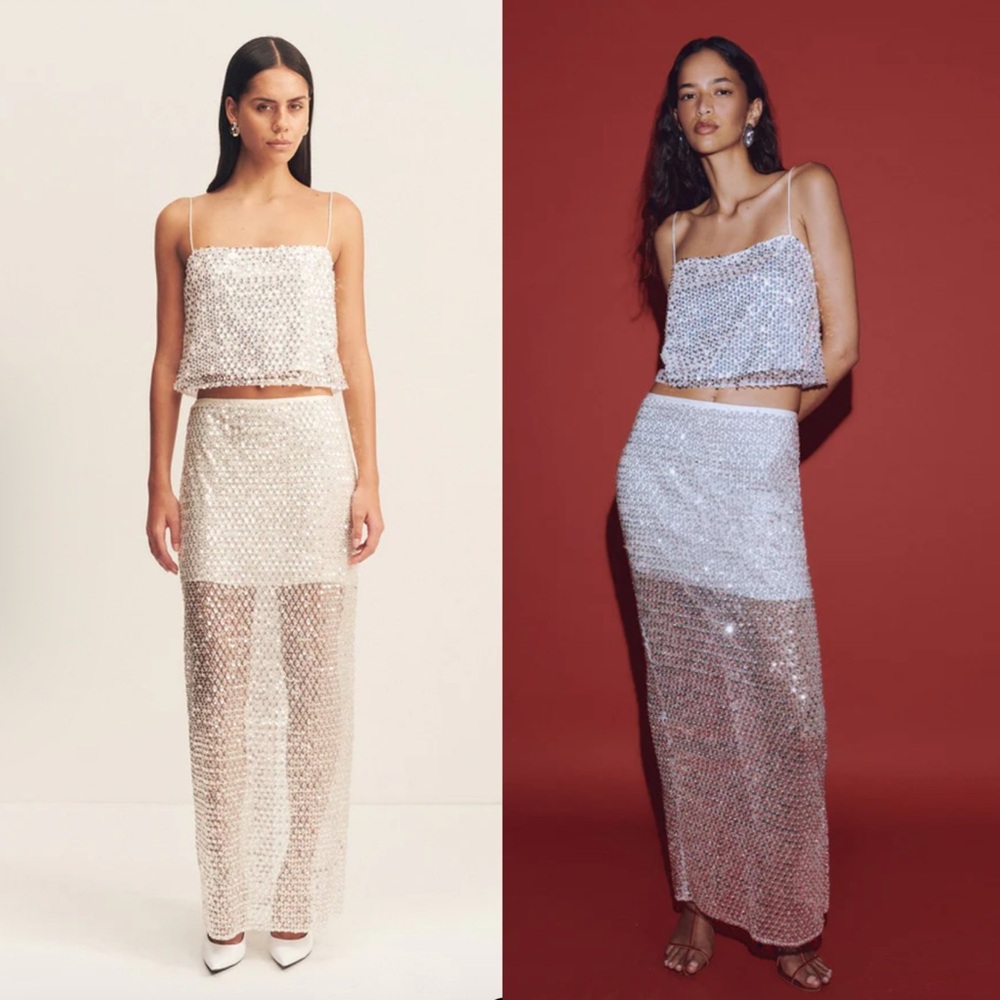 Shona Joy White Sequin Maxi Skirt & Cami Set